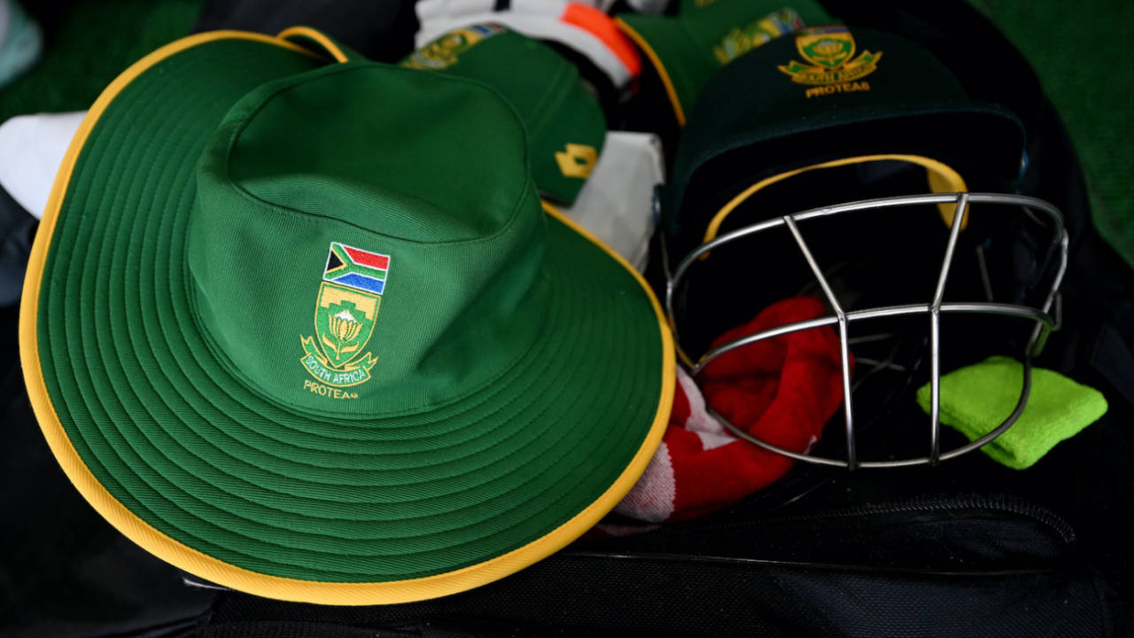 Detailed photos of a hat and a helmet with the Cricket South Africa logos, South Africa vs Sri Lanka, Delhi, ODI World Cup, October 7, 2023