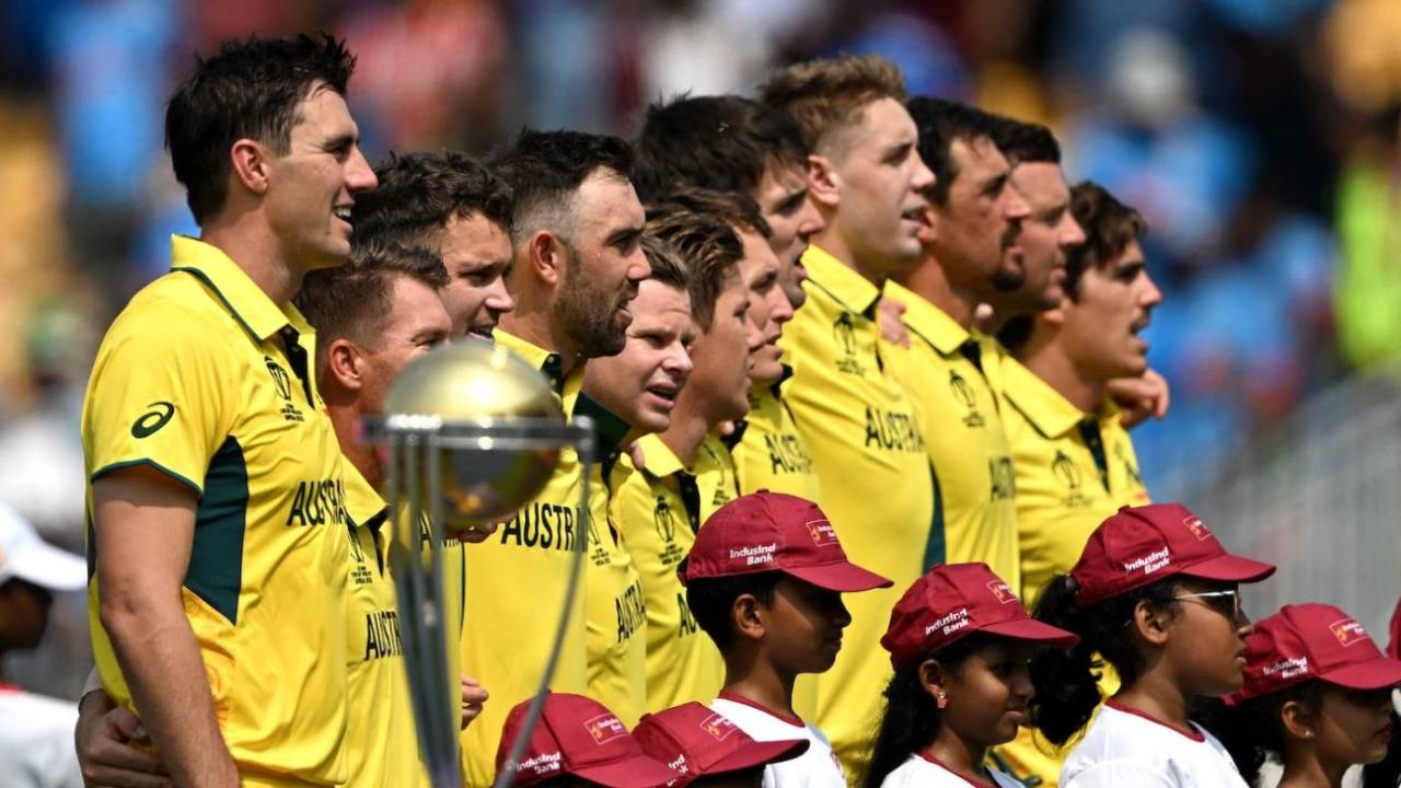 Australian players sing the national anthem, India vs Australia, World Cup, Chennai, October 8, 2023