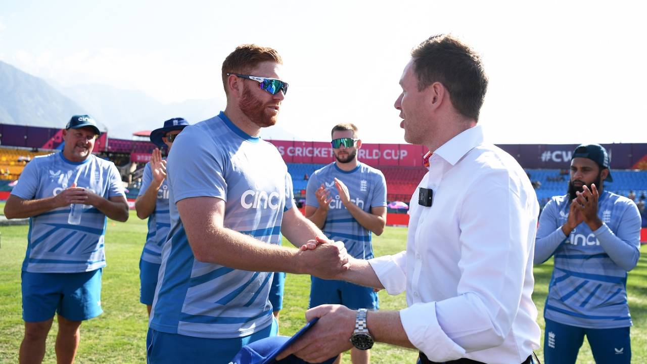 Eoin Morgan presents Jonny Bairstow with his 100th ODI cap, Bangladesh vs England, Dharamsala, ODI World Cup, October 10, 2023