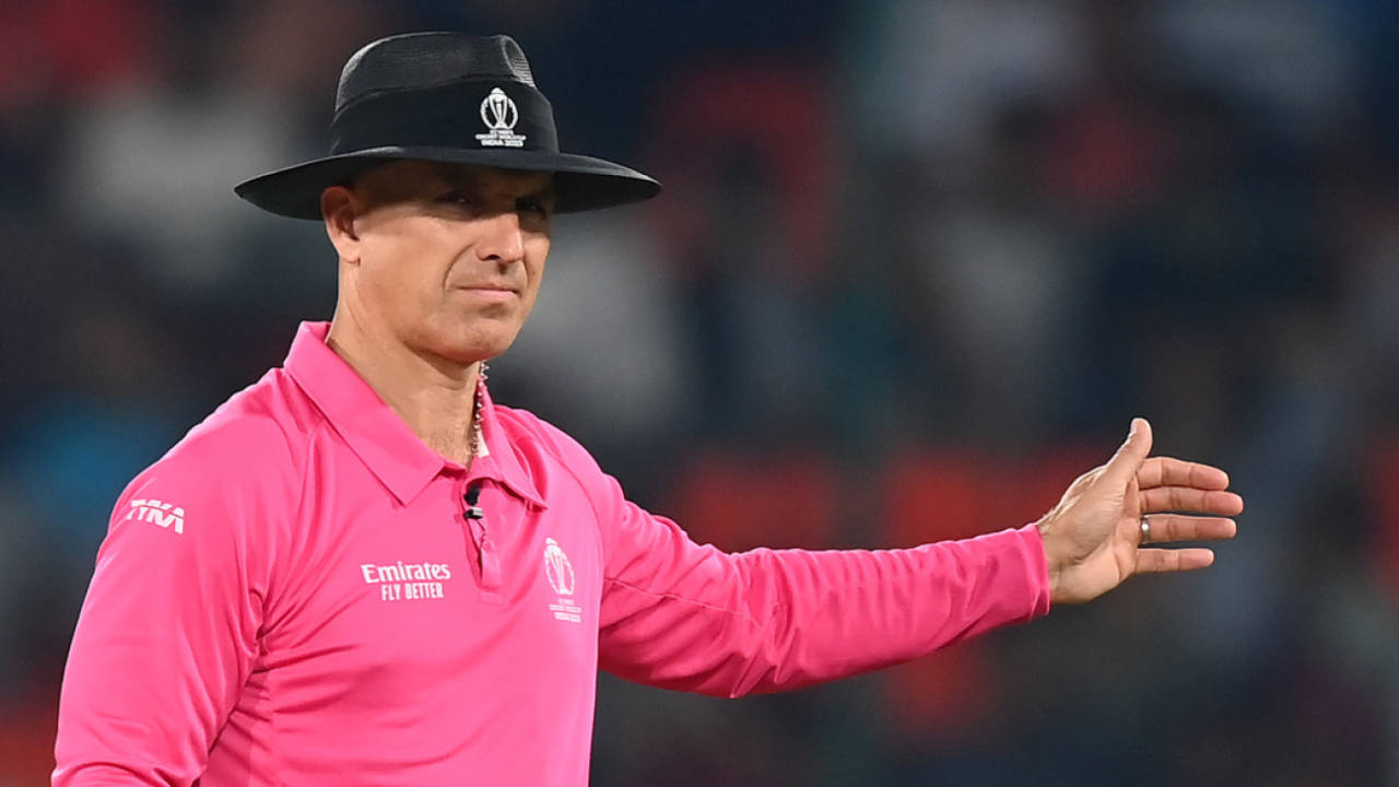 Umpire Alex Wharf signals a no ball, Pakistan vs Sri Lanka, World Cup, Hyderabad, October 10, 2023