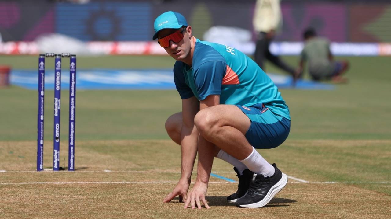 Australia captain Pat Cummins gives the Lucknow surface a close look, Australia vs South Africa, ODI World Cup, Lucknow, October 12, 2023