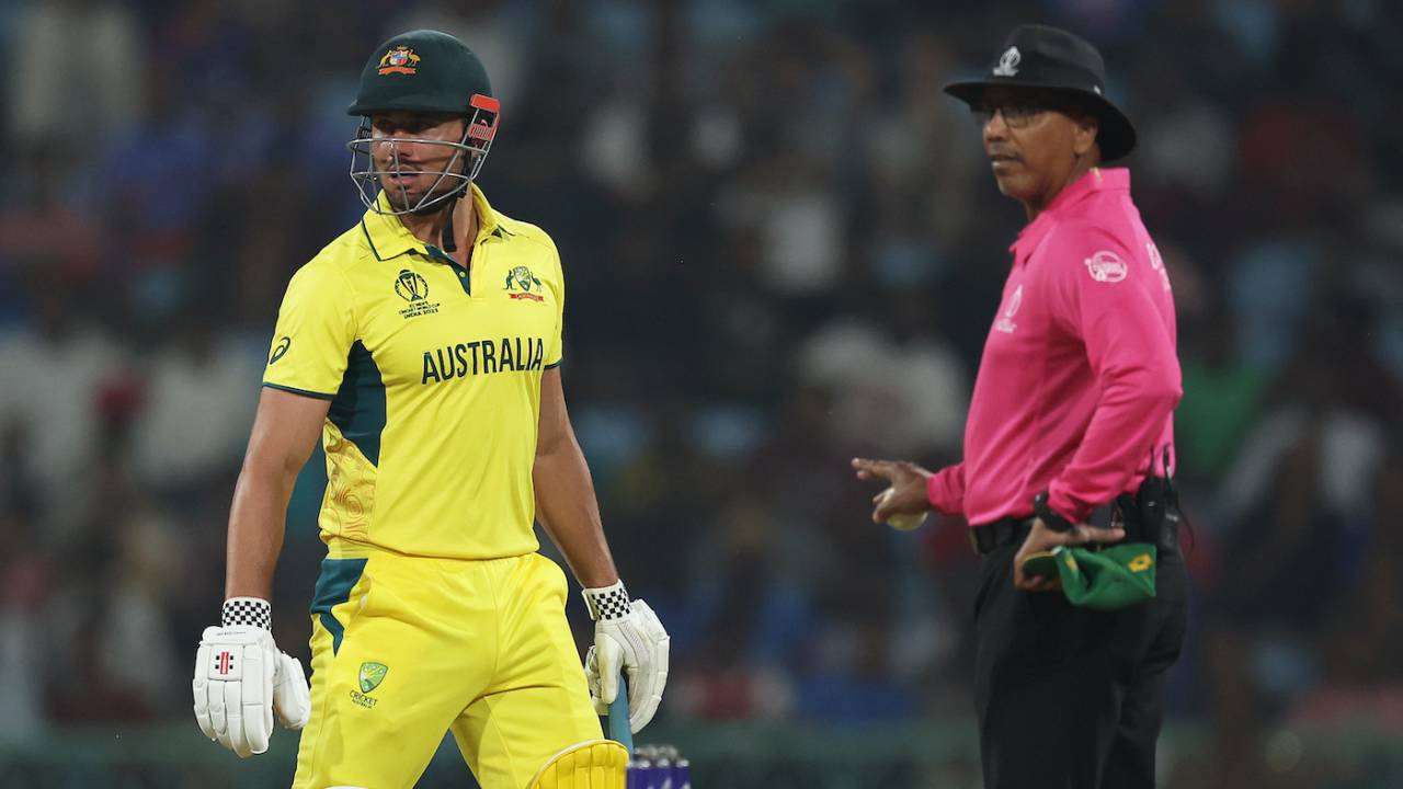 Marcus Stoinis seeks clarification from Joel Wilson after being adjudged caught behind, Australia vs South Africa, Men's ODI World Cup 2023, Lucknow, October 12, 2023