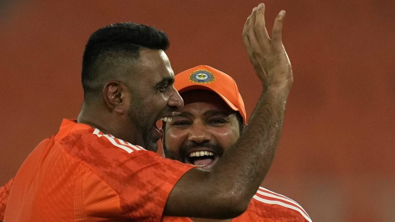R Ashwin and Rohit Sharma are all smiles, India vs Australia, World Cup, Ahmedabad, October 13, 2023