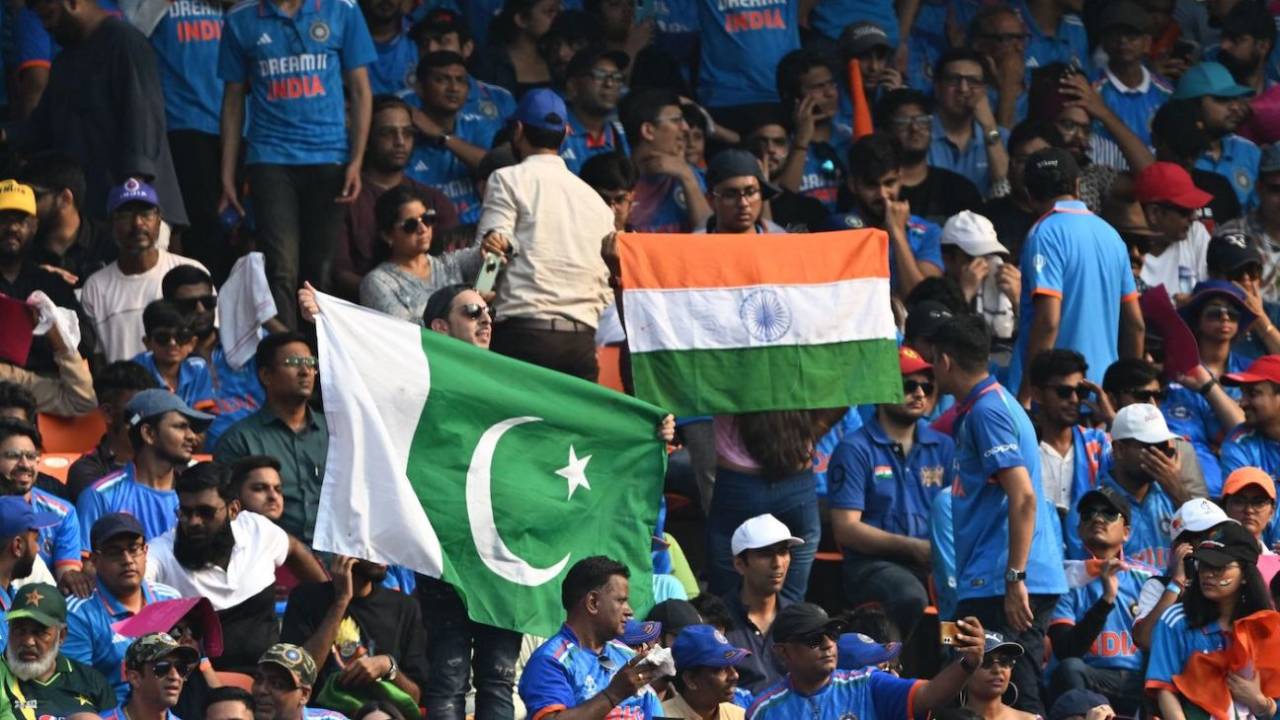 Indian and Pakistani fans fly their flags, India vs Pakistan, Men's World Cup 2023, Ahmedabad, October 14, 2023