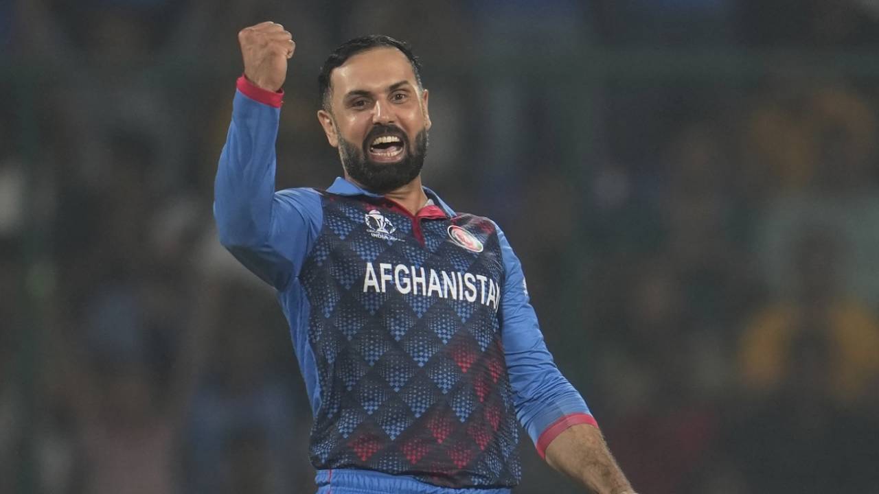 Mohammad Nabi exults after sending back Dawid Malan, England vs Afghanistan, Men's Cricket World Cup 2023, Delhi, October 15, 2023