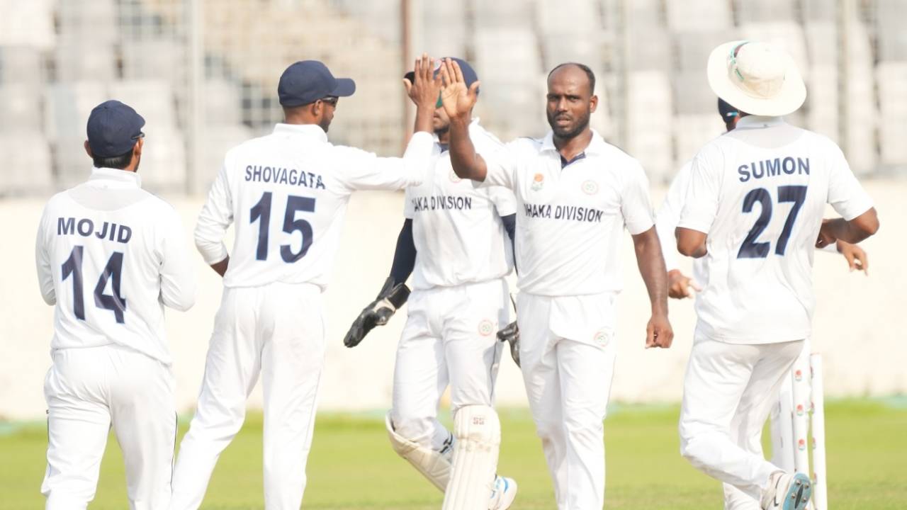 The Dhaka Division players celebrate a wicket, Dhaka Division vs Rangpur Division, Mirpur, day 3, National Cricket League, October 14, 2023