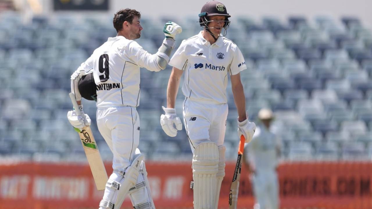 Sam Whiteman celebrates his century during a 227-run stand with Cameron Bancroft, Western Australia vs Tasmania, Sheffield Shield, WACA, October 16, 2023