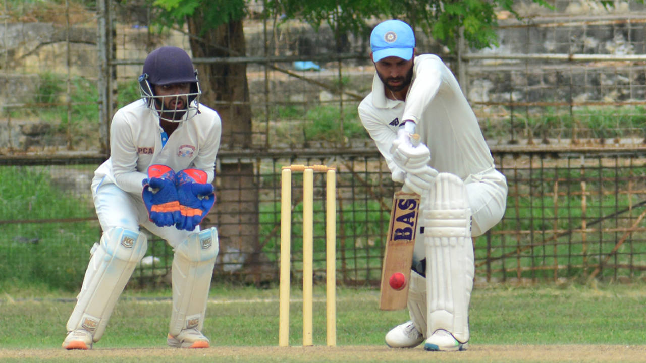 Gitansh Khera defends one as Salil Arora looks on from behind the stumps, Mohali vs Amritsar, final, day 1, Katoch Shield Trophy, Amritsar, September 16, 2023 