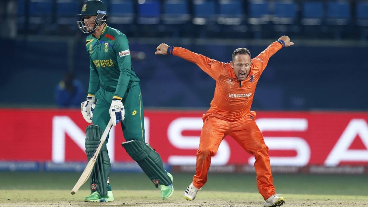 Roelof van der Merwe is pumped after castling Temba Bavuma, Netherlands vs South Africa, World Cup, Dharamsala, Octber 17, 2023