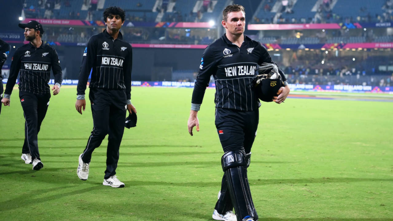 Job done: Tom Latham, Rachin Ravindra, and Devon Conway walk back after the 149-run win, New Zealand vs Afghanistan, Men's ODI World Cup, Chennai, October 18, 2023