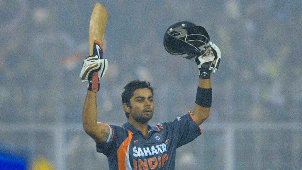 The first of many: Virat Kohli celebrates his maiden ODI ton, India vs Sri Lanka, 4th ODI, Kolkata, December 24, 2009