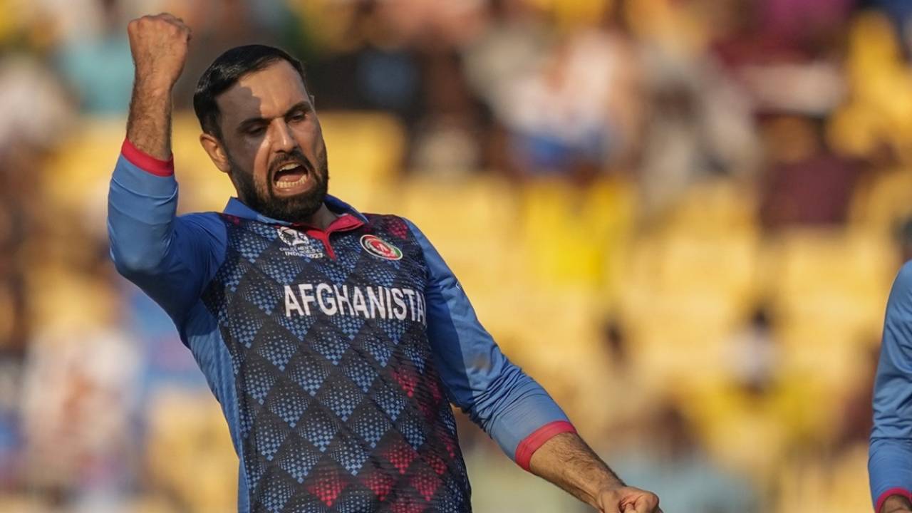 Mohammad Nabi exults after dismissing Saud Shakeel, Pakistan vs Afghanistan, Men's World Cup 2023, Chennai, October 23, 2023