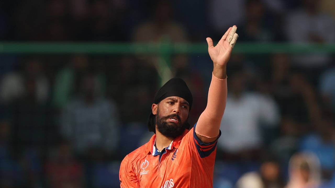 Vikramjit Singh was hit for three fours and a six in his first four overs, Australia vs Netherlands, Men's ODI World Cup 2023, Delhi, October 25, 2023