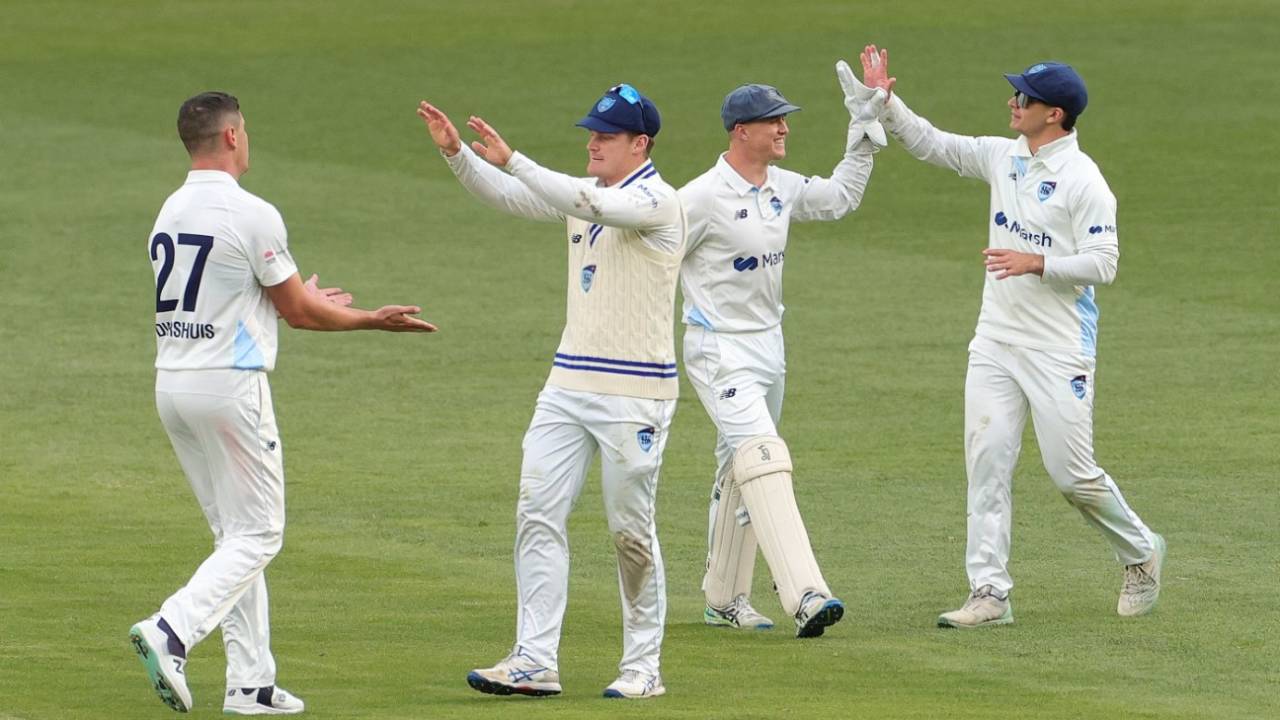 Ben Dwarshuis celebrates a wicket, Victoria vs New South Wales, Sheffield Shield, MCG, October 26, 2023