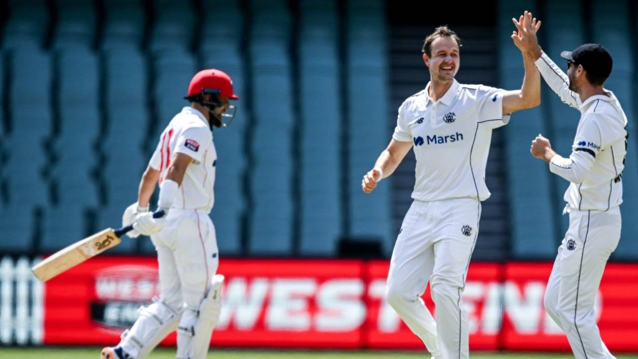 Joel Paris celebrates the wicket of Jake Lehmann, South Australia vs Western Australia, Sheffield Shield, Adelaide Oval, October 27, 2023