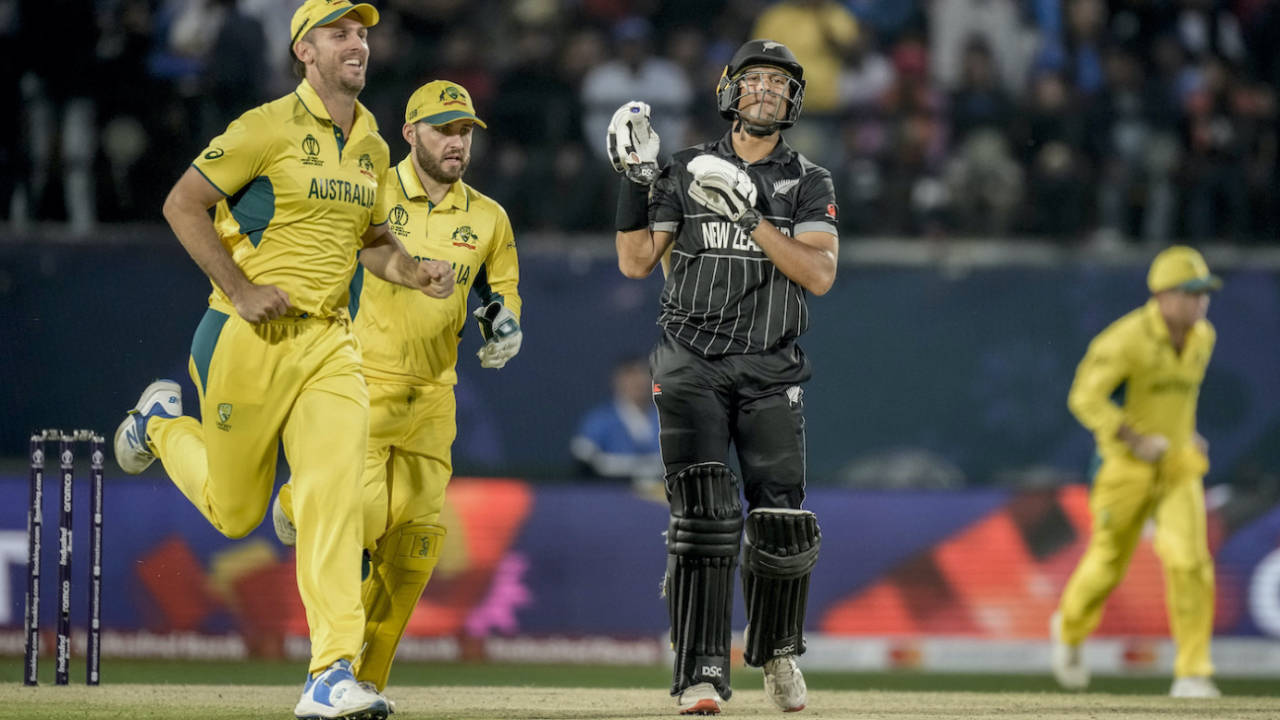 Australia celebrate after Rachin Ravindra fell for 116, Australia vs New Zealand, World Cup 2023, Dharamsala, October 28, 2023