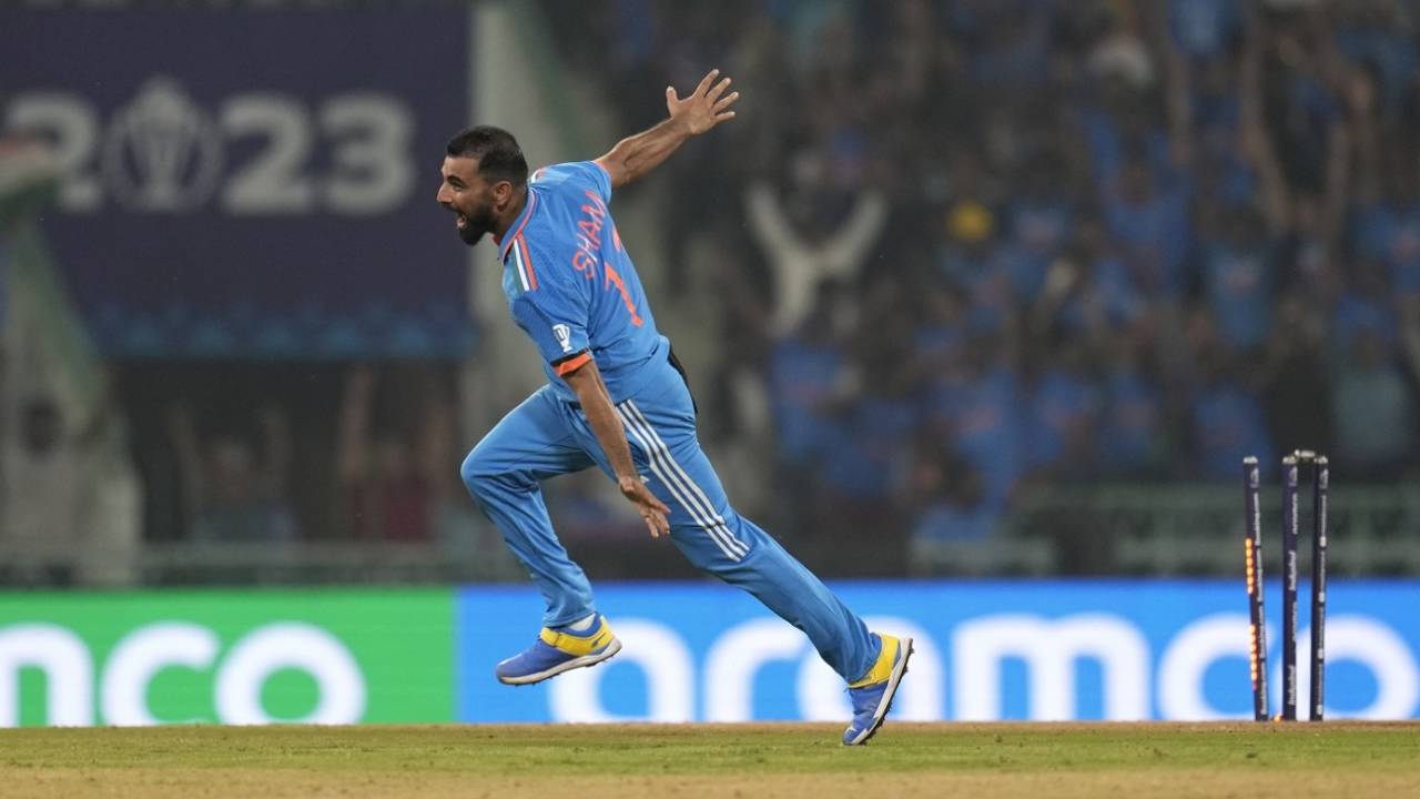 Mohammed Shami reels away after rattling Jonny Bairstow's stumps, Men's World Cup 2023, Lucknow, October 29, 2023