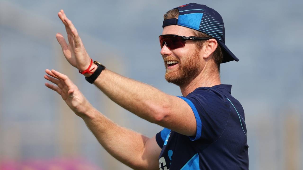 Jimmy Neesham finds a reason to smile during training, Pune, October 31, 2023