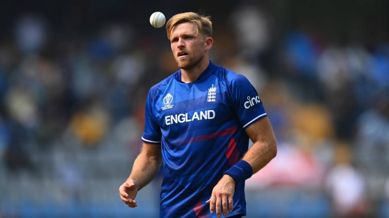 David Willey in action for England against South Africa at the World Cup, October 21, 2023