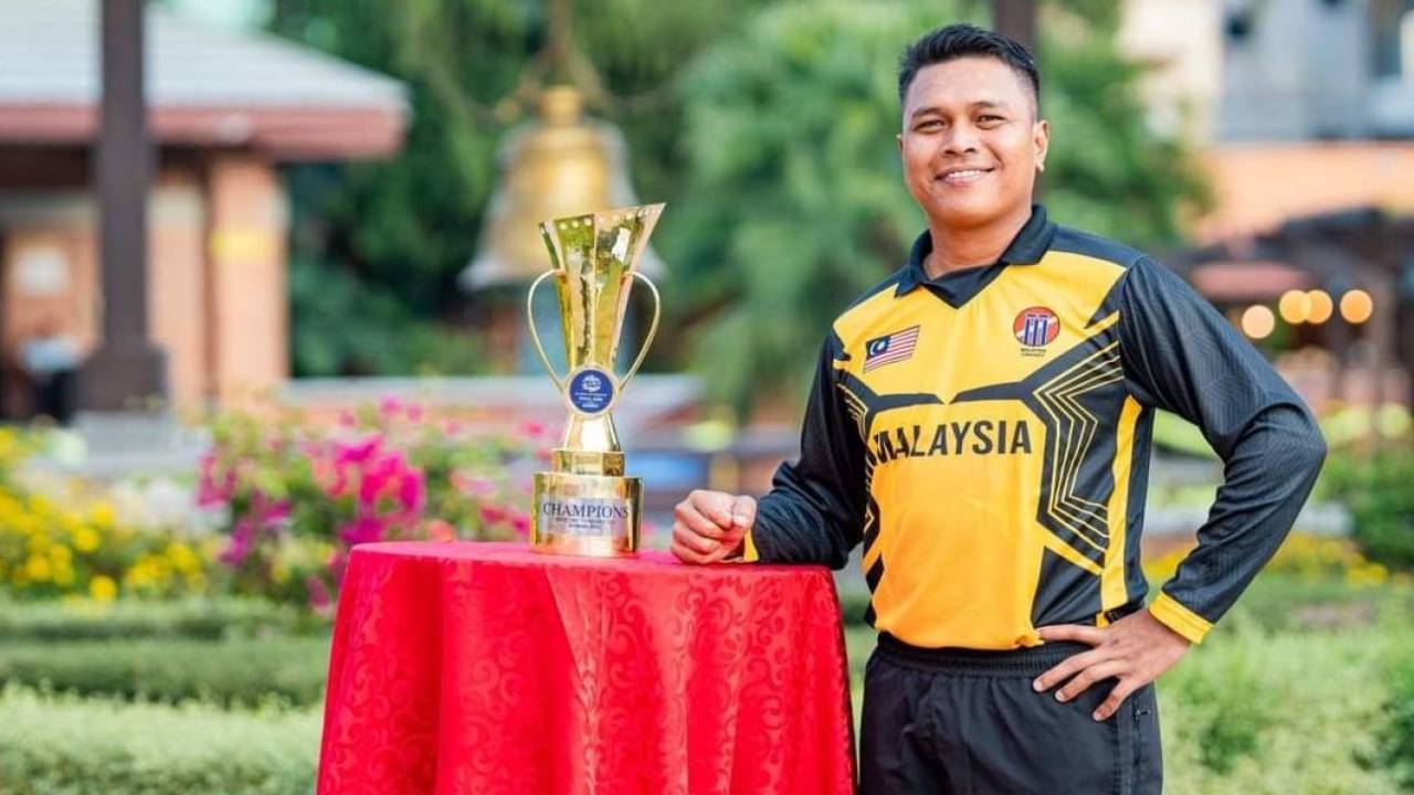 Ahmad Faiz, captain of the Malaysia team, poses with the trophy, ICC Men's T20 World Cup Asia Qualifier Final 2023, Kathmandu, October 29, 2023