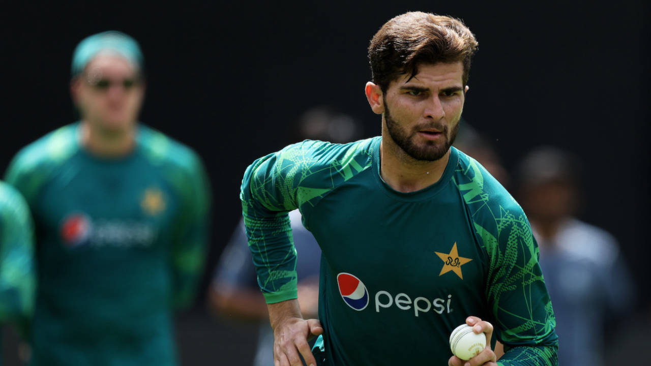 Shaheen Shah Afridi runs in to bowl at a net session in Bengaluru, November 3, 2023