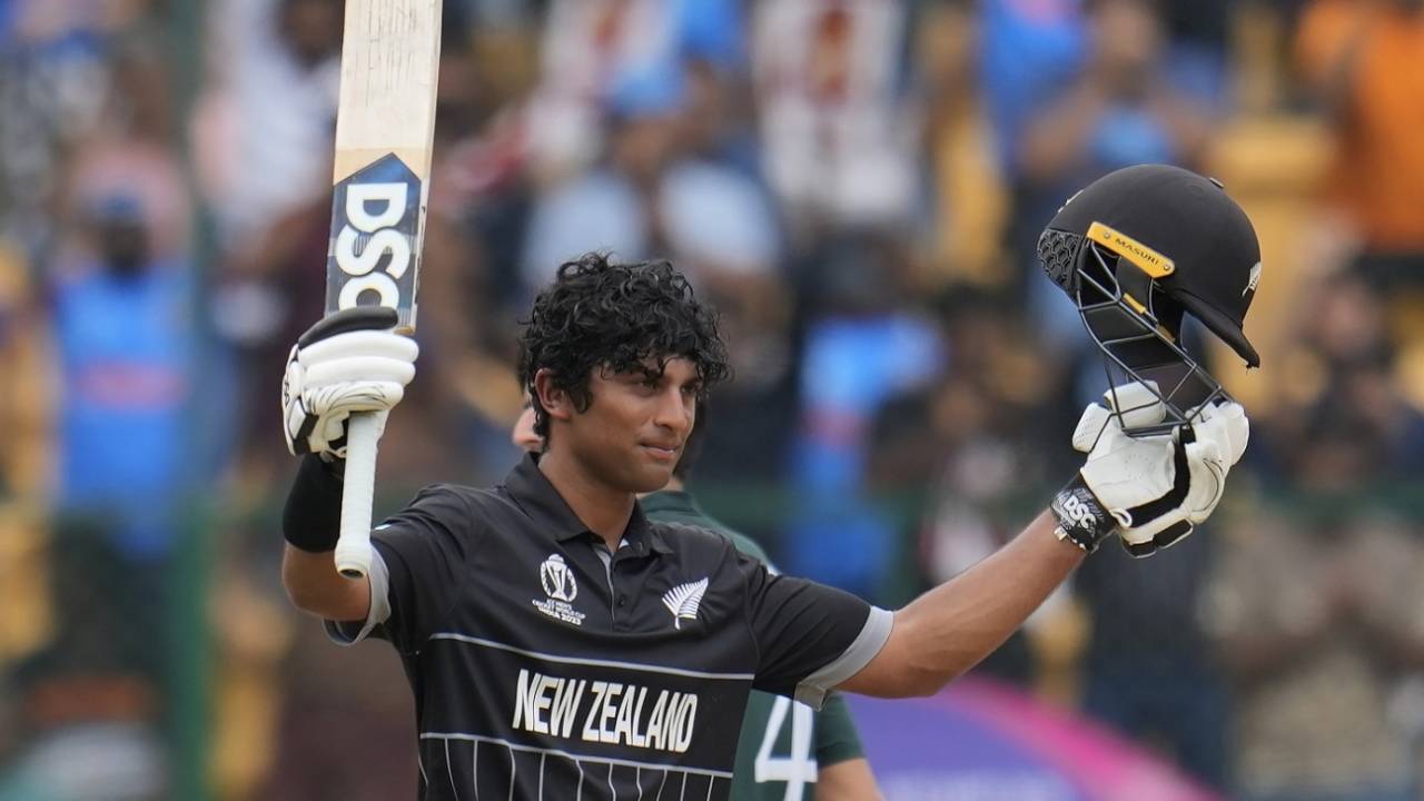 Rachin Ravindra brought up his third century of the World Cup, New Zealand vs Pakistan, ODI World Cup, Bengaluru, November 4, 2023