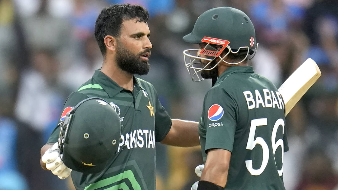 Fakhar Zaman celebrates his ton with Babar Azam , New Zealand vs Pakistan, ODI World Cup, Bengaluru, November 4, 2023