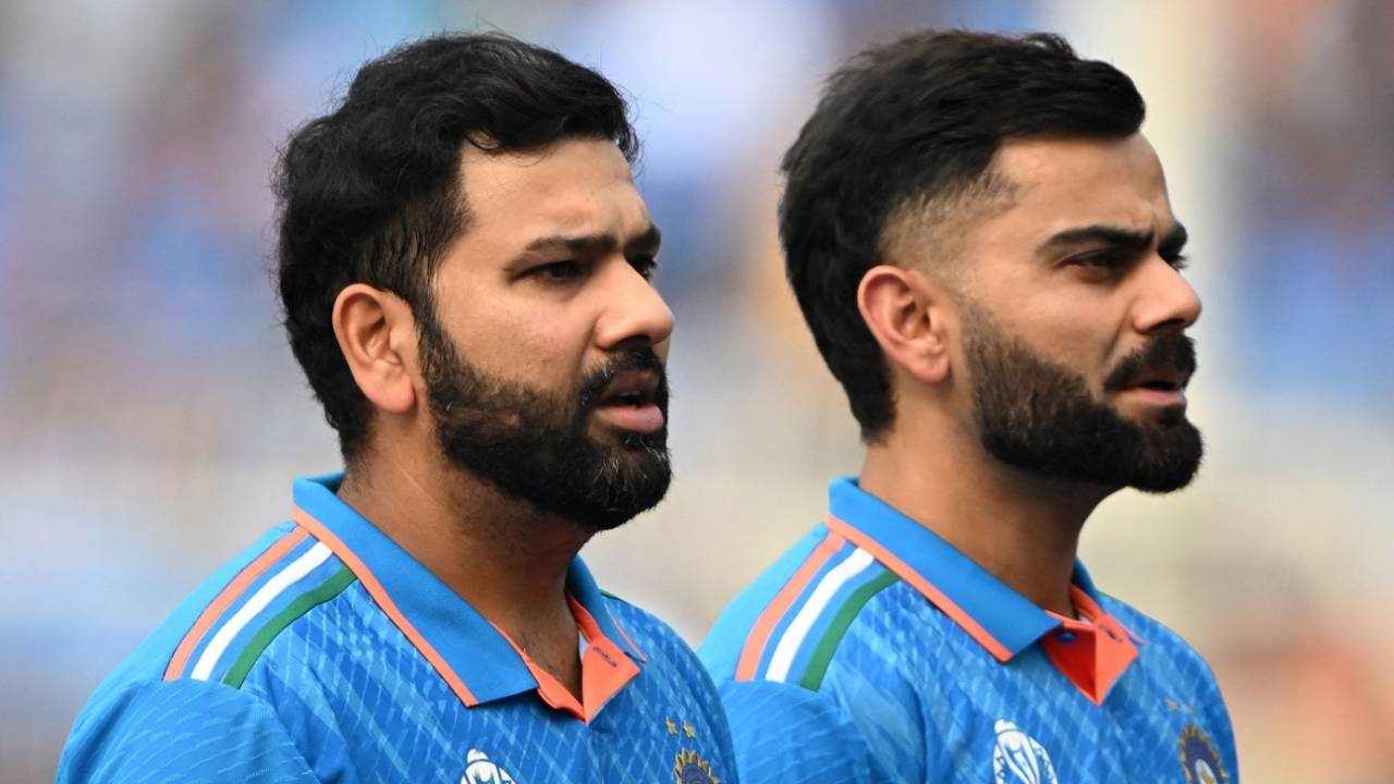 Two stars in a frame: India's Rohit Sharma and Virat Kohli look on, India vs South Africa, Men's ODI World Cup, November 5, 2023