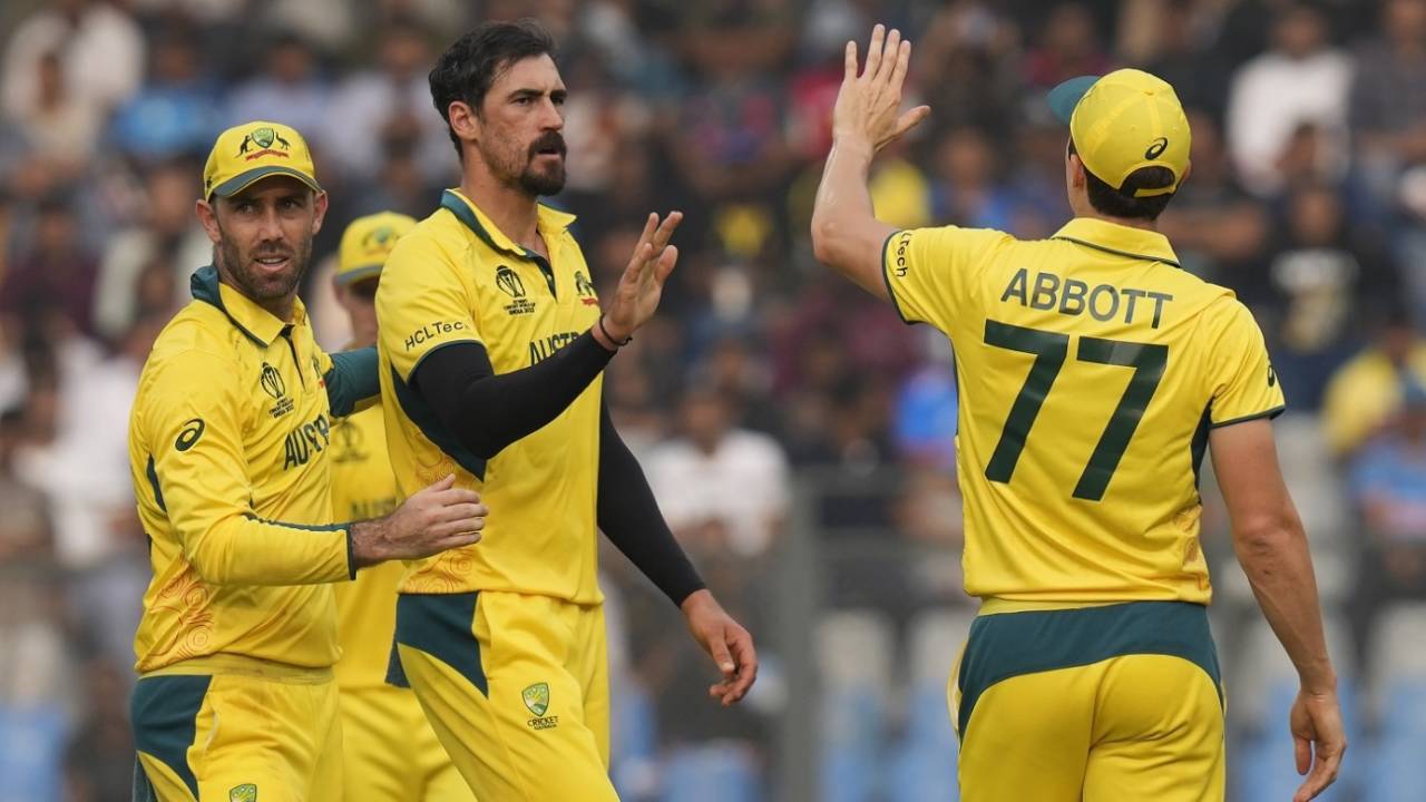 Mitchell Starc celebrates after castling Hashmatullah Shahidi, Afghanistan vs Australia, World Cup 2023, Mumbai, November 7, 2023