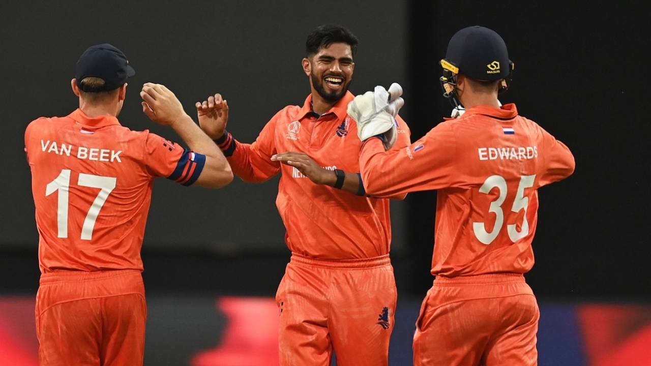 Aryan Dutt celebrates a wicket, England vs Netherlands, Men's ODI World Cup, Pune, November 8, 2023