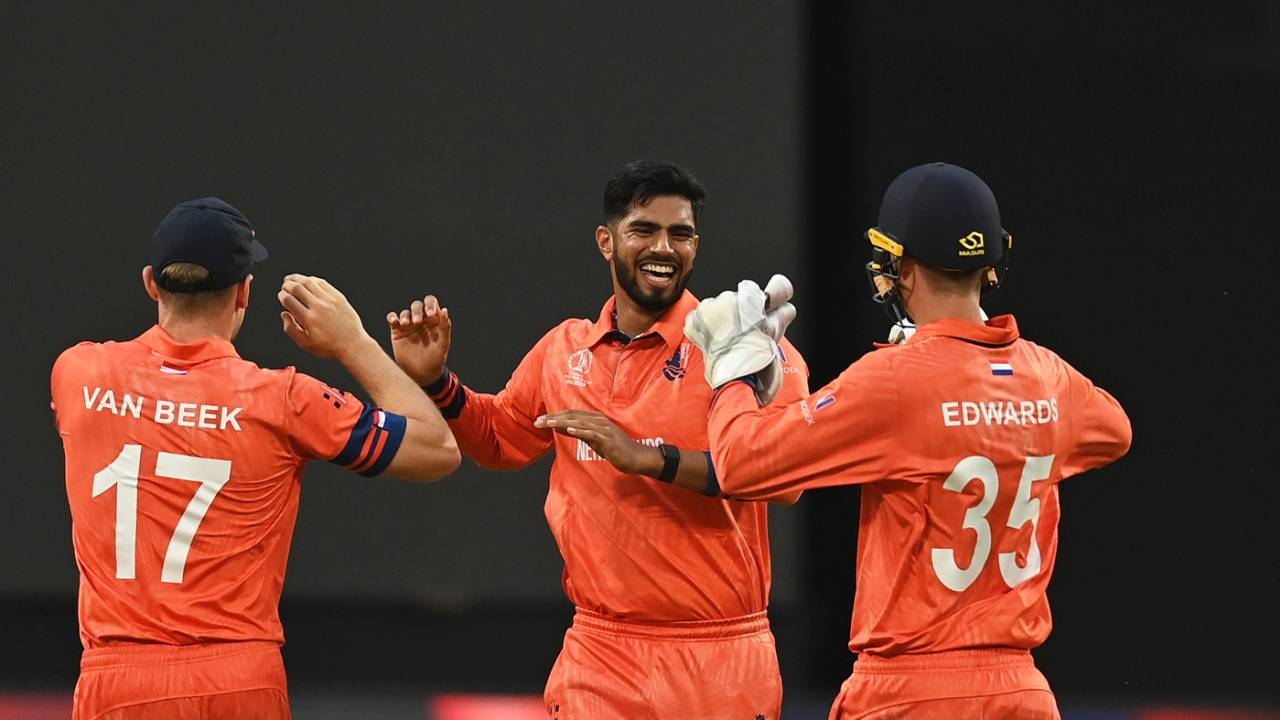 Aryan Dutt celebrates a wicket, England vs Netherlands, Men's ODI World Cup, Pune, November 8, 2023