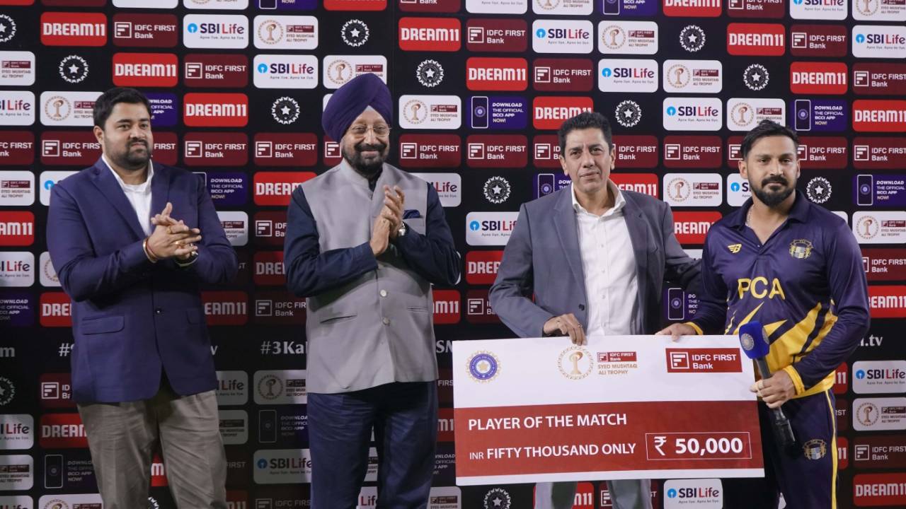 Anmolpreet Singh was named the Player of the Match for his 113 off 61 balls, Punjab vs Baroda, final, Syed Mushtaq Ali Trophy, Mohali, November 6, 2023