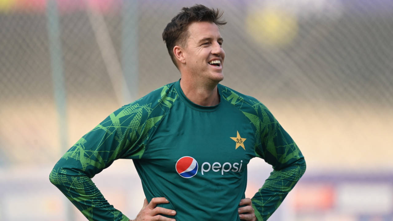 Morne Morkel has a laugh during Pakistan's training session on the eve of their final World Cup match against England, Kolkata, November 10, 2023