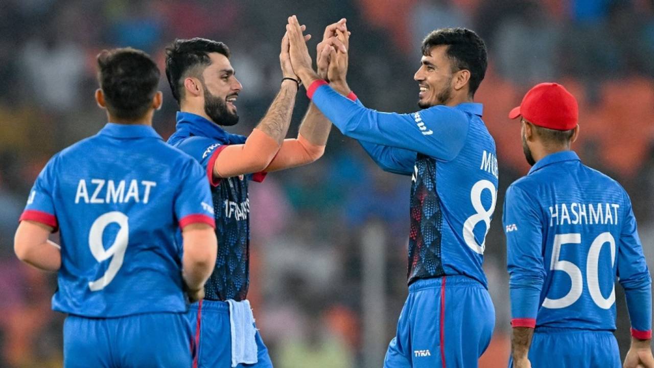 Mujeeb Ur Rahman and Naveen-ul-Haq celebrate the dismissal of Temba Bavuma, Afghanistan vs South Africa, World Cup, Ahmedabad, November 10, 2023