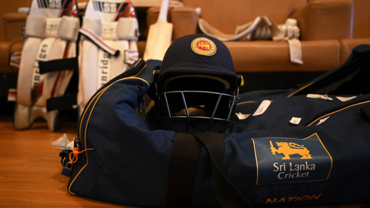 A view of a Sri Lanka player's helmet and kit bag inside the dressing room, England vs Sri Lanka, ODI World Cup, Bengaluru, October 26, 2023