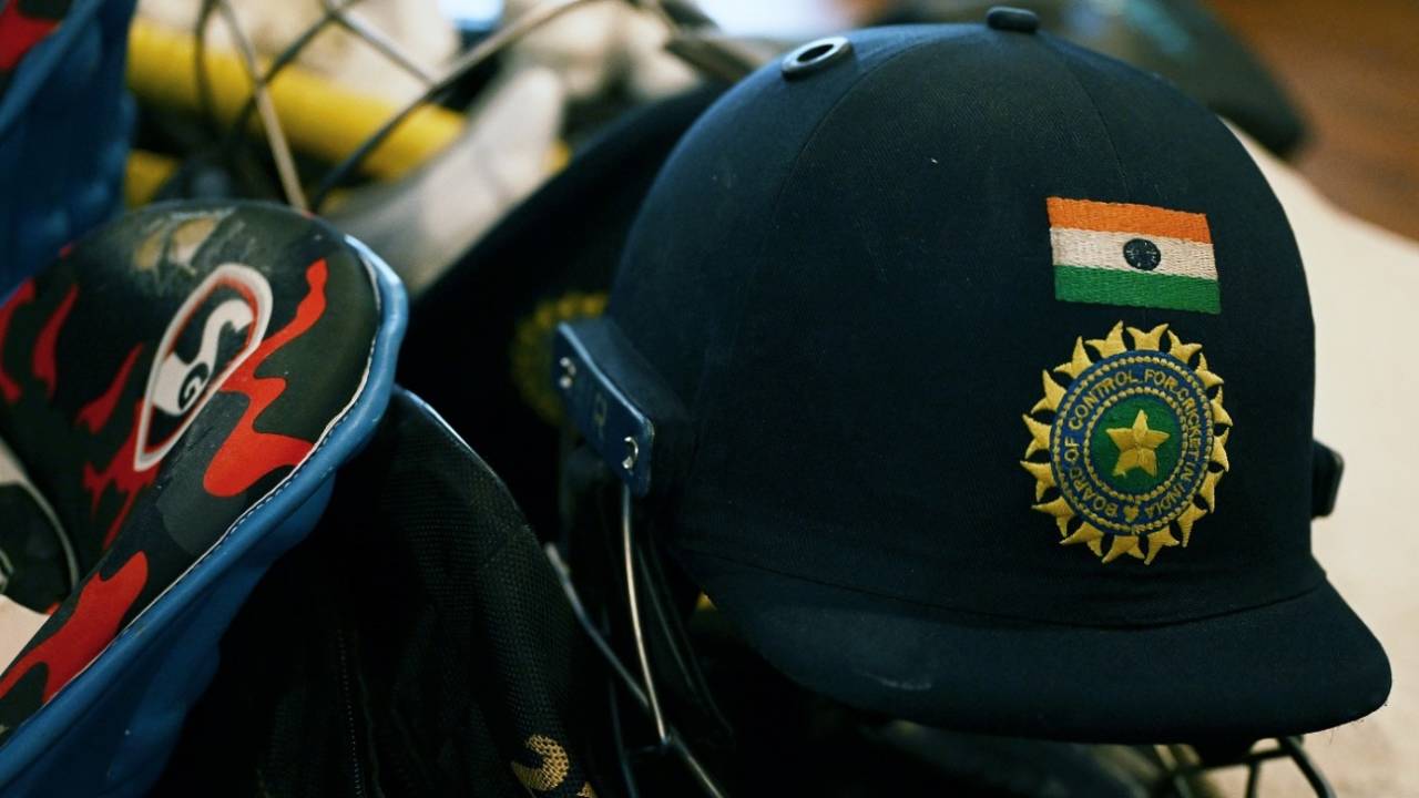 An India player's helmet in the dressing room, India vs Netherlands, Men's ODI World Cup, Bengaluru, November 12, 2023