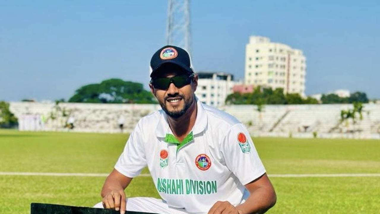 Rajshahi left-arm spinner Sunzamul Islam celebrates after completing 400 wickets in first-class cricket, Barishal Division vs Rajshahi Division, National Cricket League, Bogra, November 11, 2023