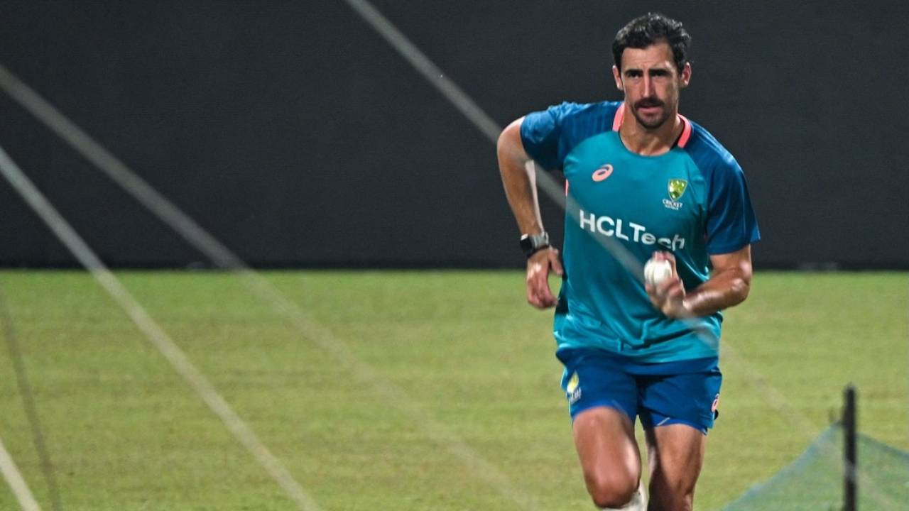 Mitchell Starc runs in to bowl during nets, ICC Men's World Cup 2023, Kolkata, November 13, 2023