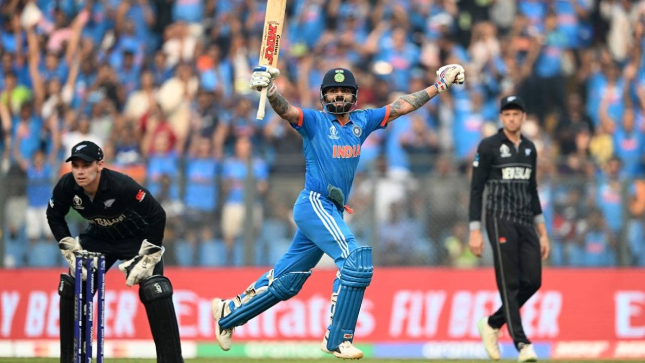 Virat Kohli celebrates his 50th ODI hundred, India vs New Zealand, ICC Men's World Cup 2023, 1st semi-final, Mumbai, November 15, 2023