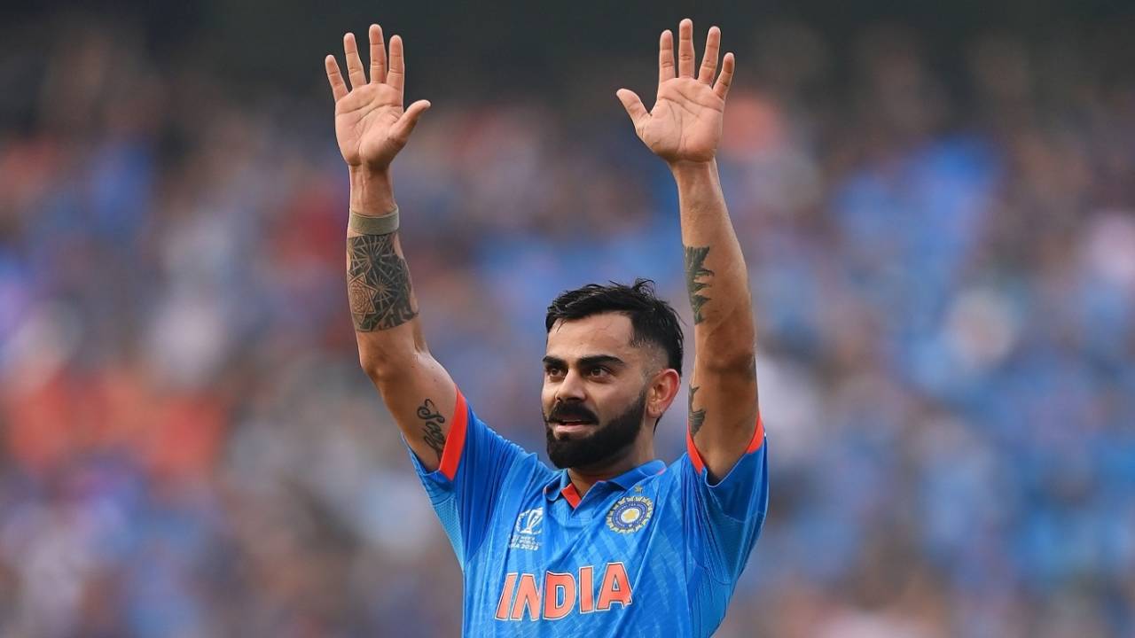 Virat Kohli bows down to Sachin Tendulkar after crossing his mark for most ODI tons, India vs New Zealand, ICC Men's World Cup 2023, 1st semi-final, Mumbai, November 15, 2023