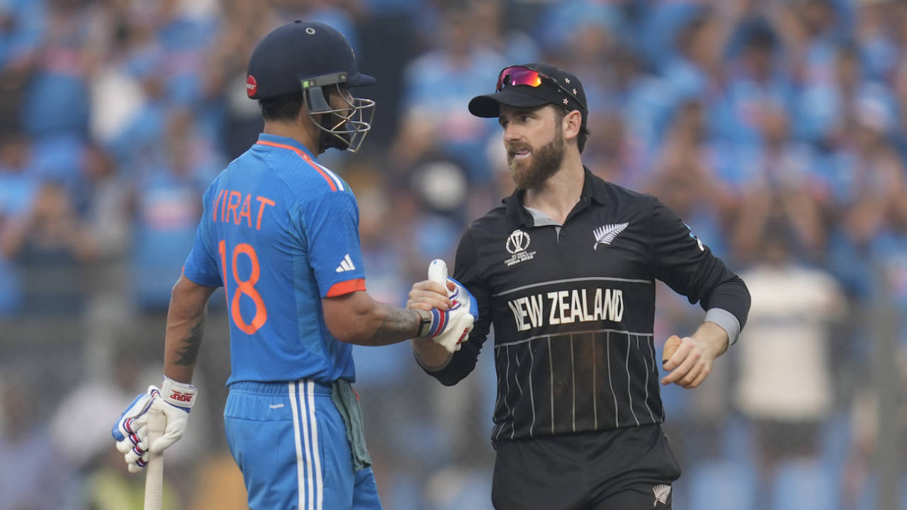 Kane Williamson greets Virat Kohli after he was dismissed, India vs New Zealand, ICC men's World Cup 2023, 1st semi-final, Mumbai, November 15, 2023