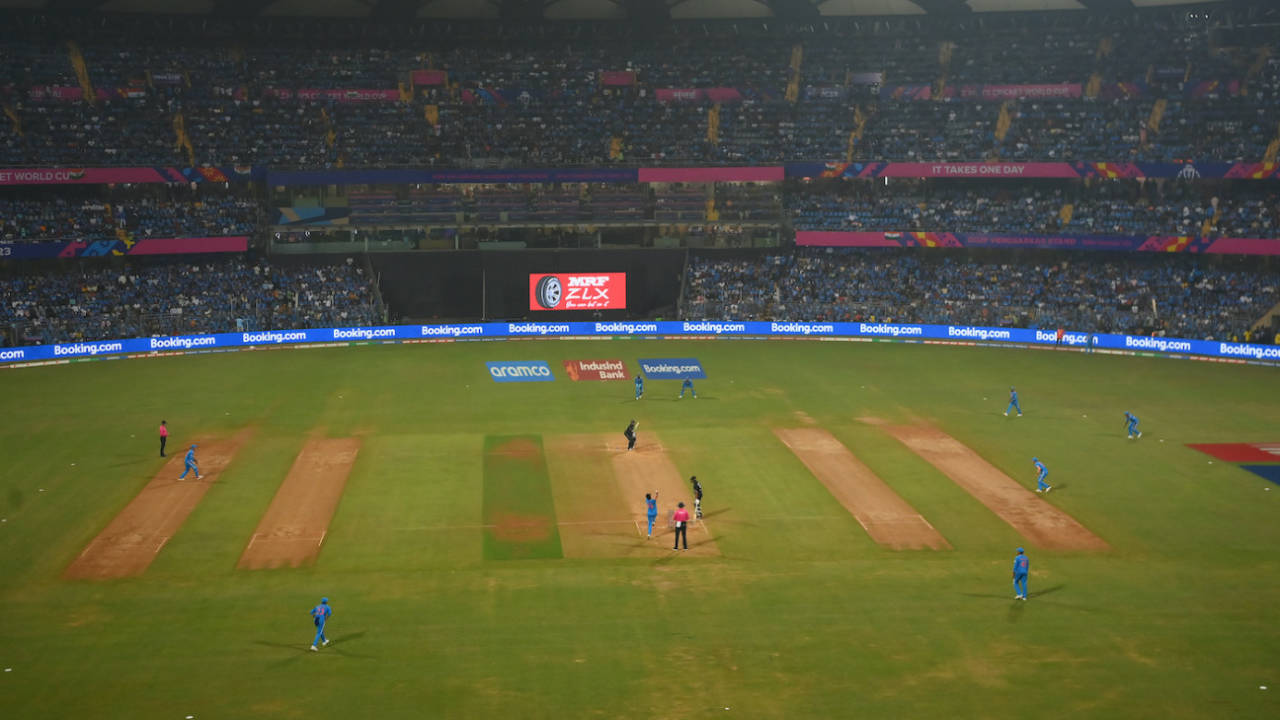 A view from afar of Jasprit Bumrah bowling to Devon Conway, India vs New Zealand, ICC Men's World Cup 2023, 1st semi-final, Mumbai, November 15, 2023