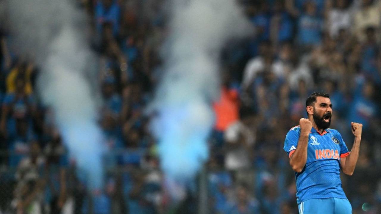 Shami during his 7 for 57 against New Zealand in the 2023 World Cup semi-final&nbsp;&nbsp;&bull;&nbsp;&nbsp;AFP/Getty Images