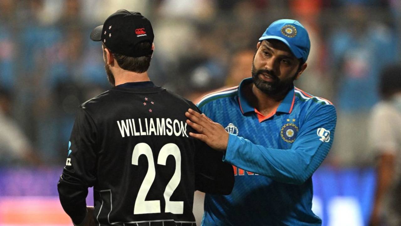 The victor and the vanquished - Rohit Sharma and Kane Williamson greet each other after the game, India vs New Zealand, ICC men's World Cup 2023, 1st semi-final, Mumbai, November 15, 2023