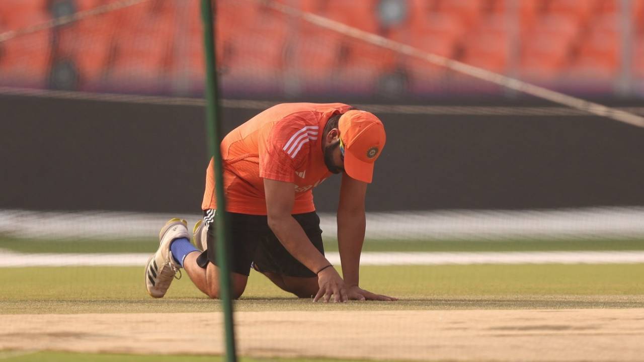 Rohit Sharma inspects the Ahmedabad pitch two days out of the World Cup final, Ahmedabad, November 17, 2023