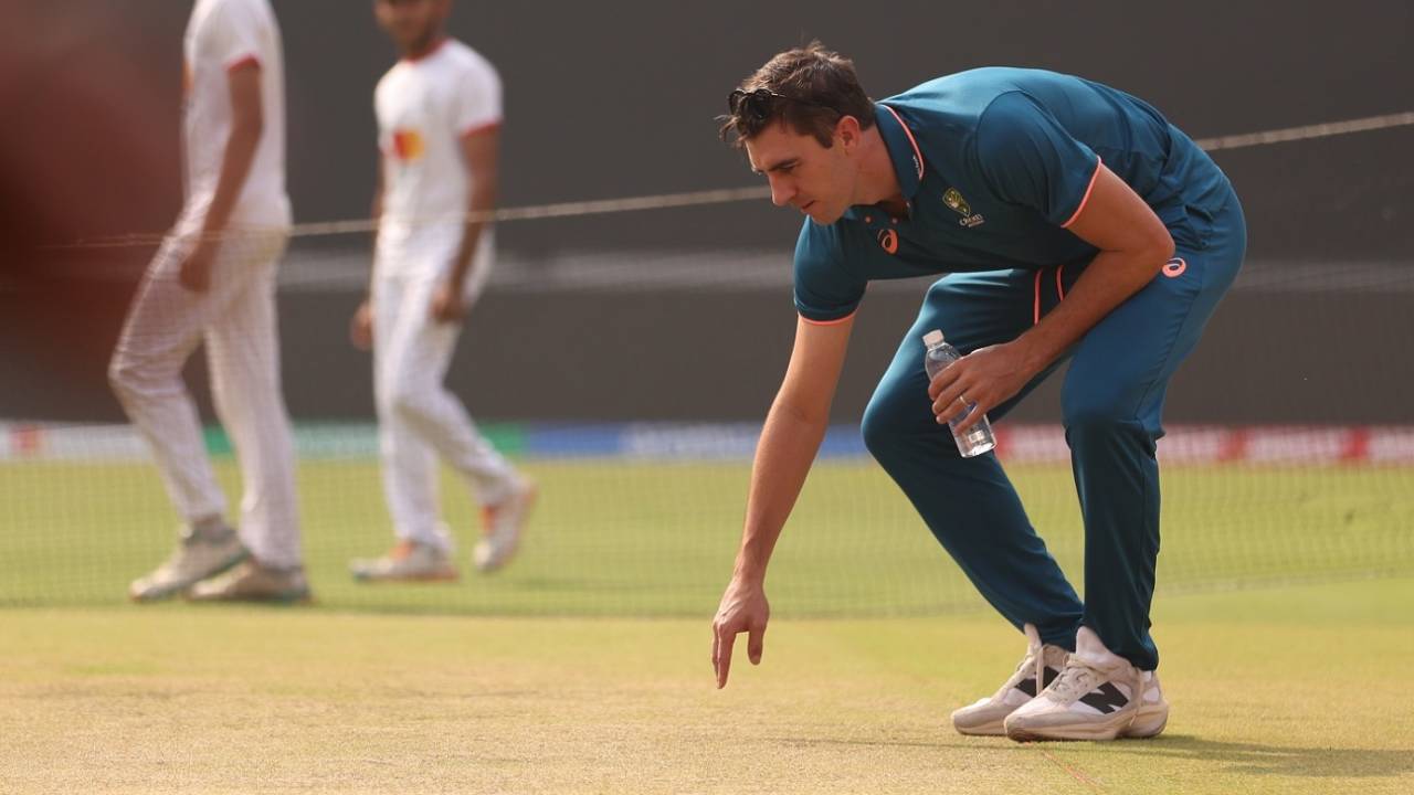 Pat Cummins inspects the pitch ahead of the final, India vs Australia, Men's ODI World Cup, Final, Ahmedabad, November 18, 2023