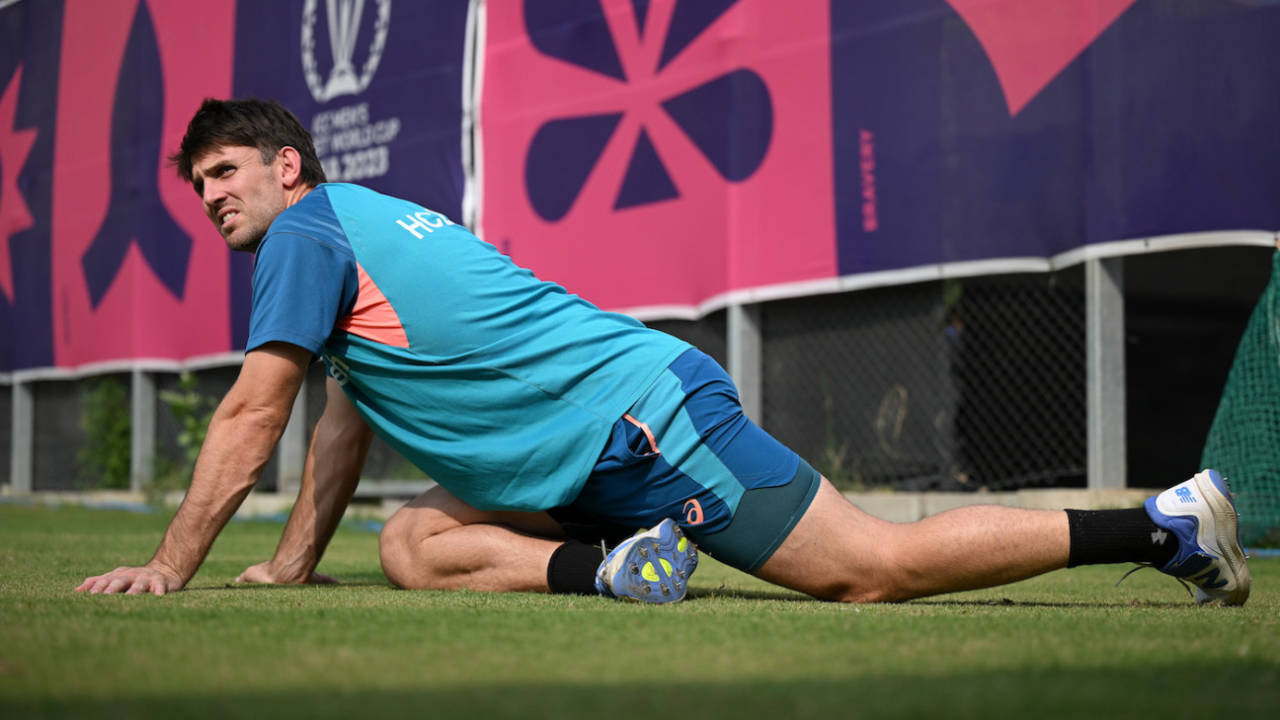 Mitchell Marsh does a stretch on the eve of the World Cup final, Ahmedabad, November 18, 2023