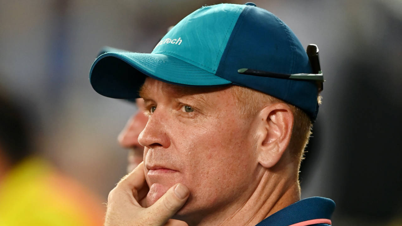 Andrew McDonald watches during the chase, India vs Australia, Men's ODI World Cup final, Ahmedabad, November 19, 2023