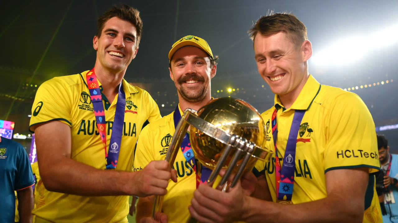 Captain Pat Cummins with Travis Head and Marnus Labuschagne, who put on 192 for the fourth wicket in the final, India vs Australia, Men's ODI World Cup final, Ahmedabad, November 19, 2023