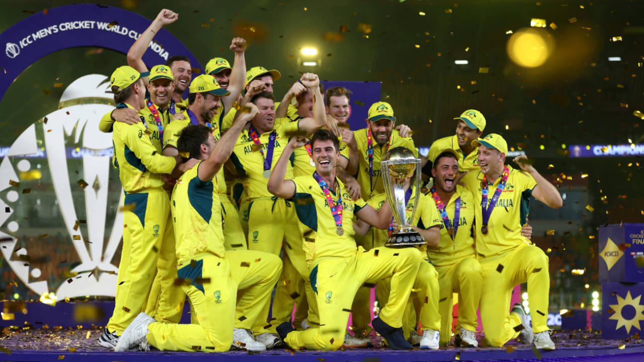 A jubilant Australian side with their prize, India vs Australia, Men's ODI World Cup final, Ahmedabad, November 19, 2023